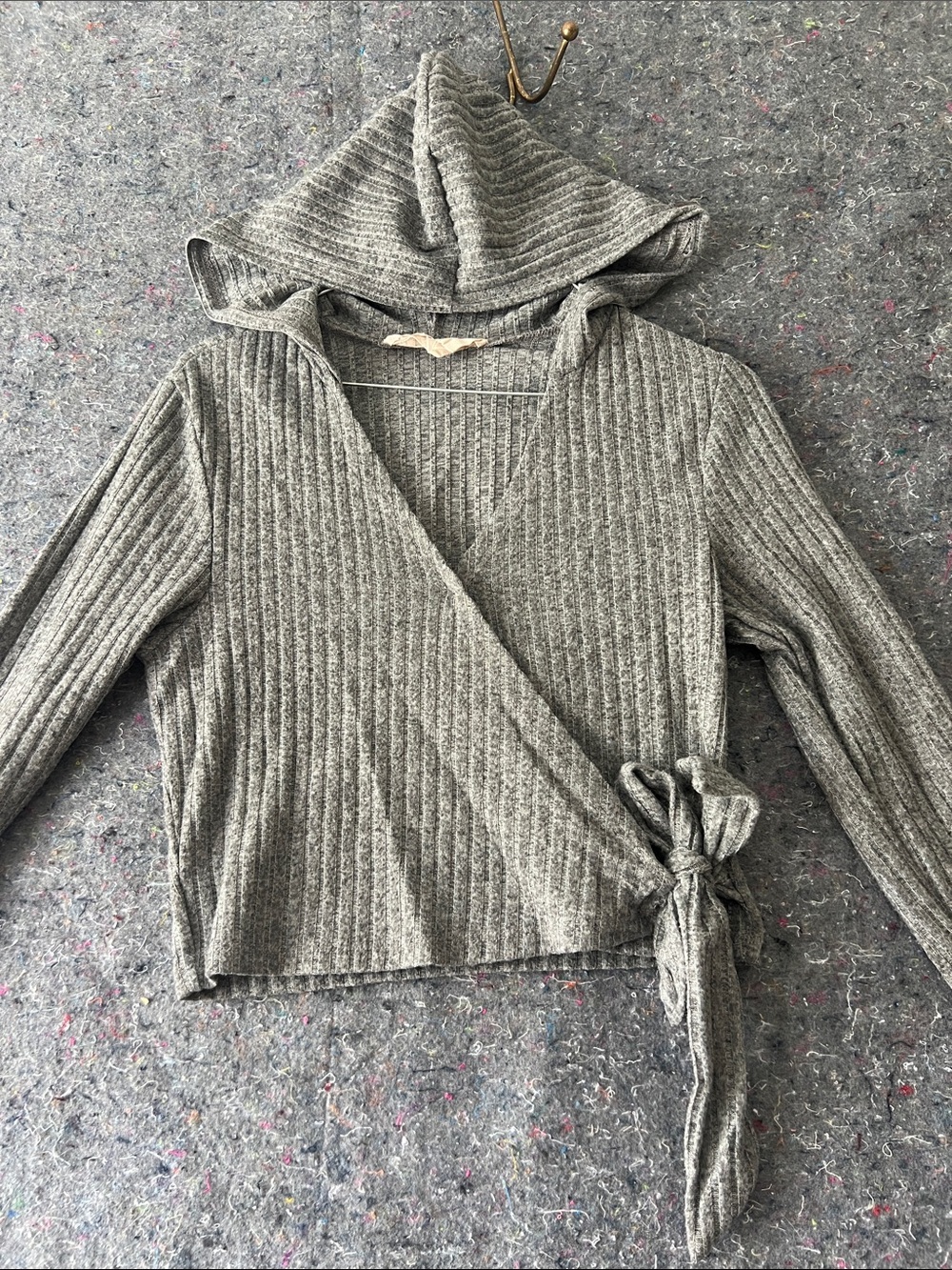 Cozy Ribbed Wrap V-Neck Hoodie Sweater - Gray